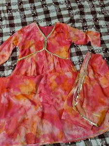 Aline frock suit with four side lace dupatta..