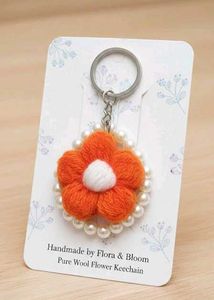 Handmade crochet Orenge Puff Flower Keychain