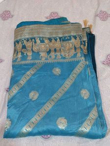 Blue Silk Saree with Elephant Motif