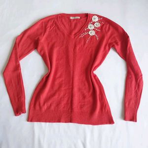 Elegant Red V-Neck Embellished Sweater🌷