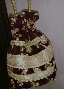 Elegant Brown &amp; Gold Drawstring velvet potli