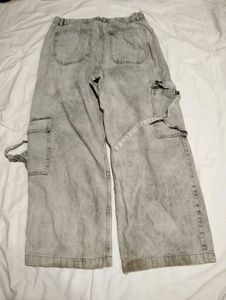 Grey Wash Wide Leg Cargo Jeans