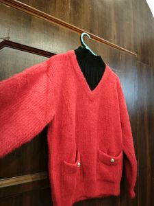 Chic Red Knit Sweater with Pockets