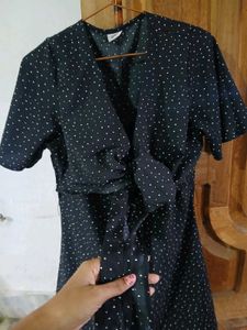 Black Polka Dot Front-Tie Mini Dress / Tunic Top