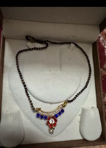 Elegant Mangalsutra Necklace with Blue &amp; Red Stone