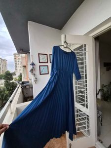 Elegant Blue Pleated Dress, With Belt