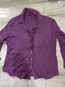 Women's Plaid Button-Up Ruffle Shirt