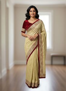 Festive Cream Saree with Red Blouse