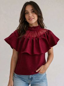 Chic Burgundy Ruffle Mesh Top
