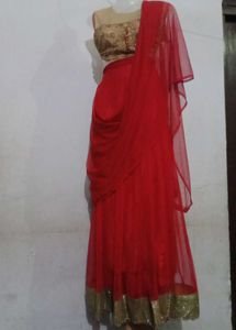 Red &amp; Golden Lehnga Unstitched Koti