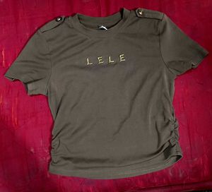 Olive brown "LELE" Embellished T-Shirt