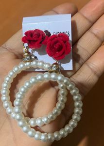 Red Rose Pearl Hoop Earrings