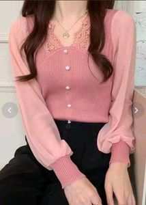 Chic Pink Lace Detail Button-Up Top