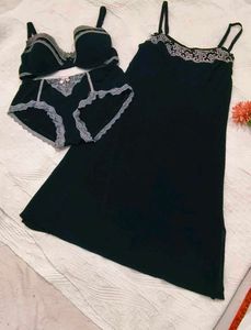 Black Lace Trim Nighty & Lingerie Set