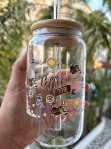 Cute Coffee Time Glass Tumbler with bamboo lid and
