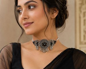 Oxidized Silver Black Stone Choker Necklace