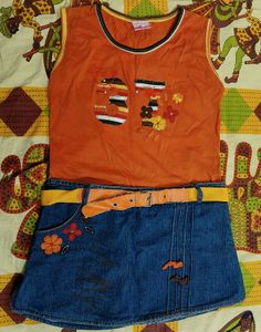 Cute Orange Top Attached with Denim Skirt