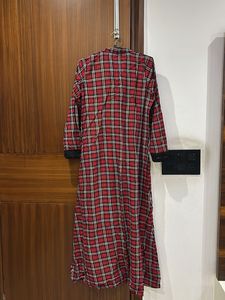 winter Red Plaid Kurta with Black Lace