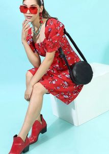 Chic Red Floral Puff Sleeve Dress