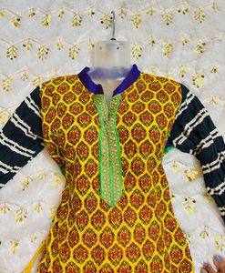 Vibrant Yellow Kurta Set with Striped Sleeves
