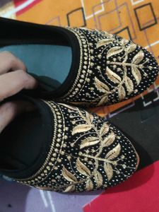 Black Jutti Flats with Gold Embroidery