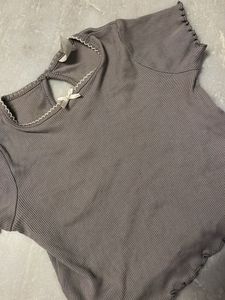 Cute Grey Ribbed Top with Bow Detail
