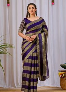Elegant Purple & Gold Striped Saree