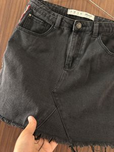 Black Denim Mini Skirt with Stripe Detail