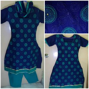 Blue Kurta Set with Green Embellishments