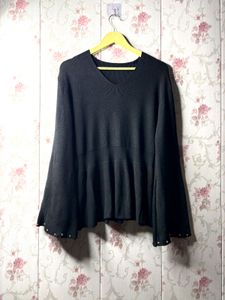 Black Peplum Top with Studded Sleeves