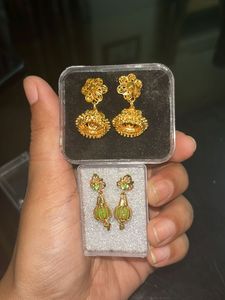Elegant Gold Jhumka & Green Stone Earrings