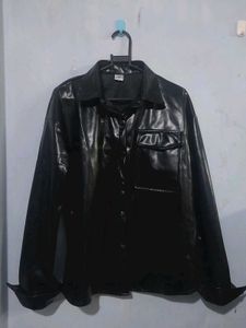 Black Faux Leather Button-Up Jacket –