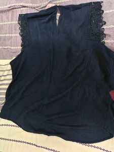 Chic Navy Blue Lace Trim Top