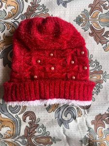 Red Beanie Hat with Pearls