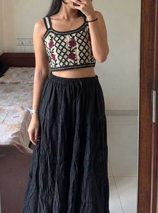 Boho Floral Crochet Crop Top and black skirt