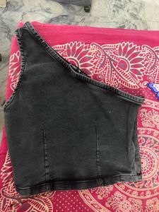 One Shoulder Denim Crop Top