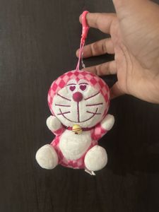 pink and white checkered Doraemon plush keychain