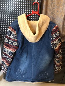 Cozy Denim Jacket with Tribal Print Sleeves