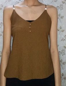 Brown Ribbed Camisole Top with Pearl Straps