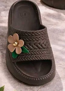 Brown Platform Slides with Flower Accent