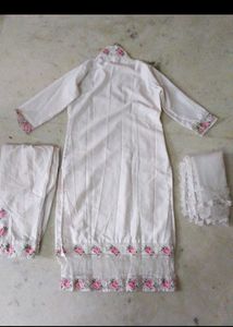 White Kurta Set with Pink Floral Embroidery