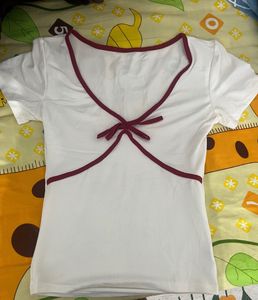Cute White &amp; Red Bow Detail Top