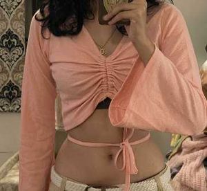 Ruched Pink Bell Sleeve Crop Top
