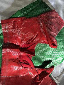 ‼️OFFER ‼️Parrot Green Saree With Stitched Blouse