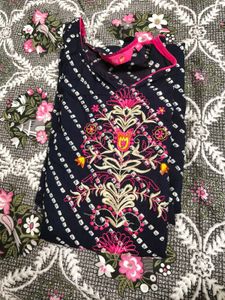 Embroidered Navy Blue Bandhani Kurta