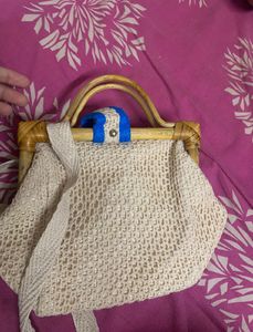 Boho Woven Crossbody Bag with Bamboo Handles
