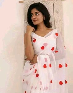 Elegant White Saree with Red heart design Dots