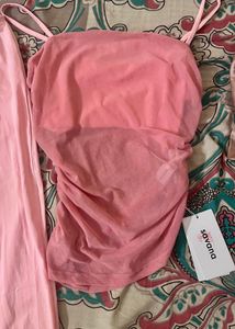 Chic Pink Ruched Mesh Top &amp; Skirt Set
