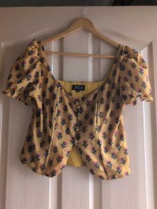 Corset style yellow Floral Button-Up Crop Top