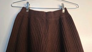 chocolate brown ribbed knit wide-leg pants.